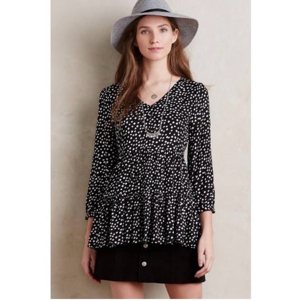 Anthropologie Black and White Smocked 3/4 Sleeve Blouse